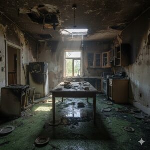 water and fire damaged kitchen
