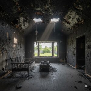 fire damaged living room