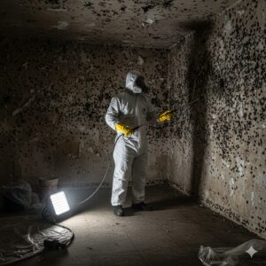 mold worker spraying in protective gear