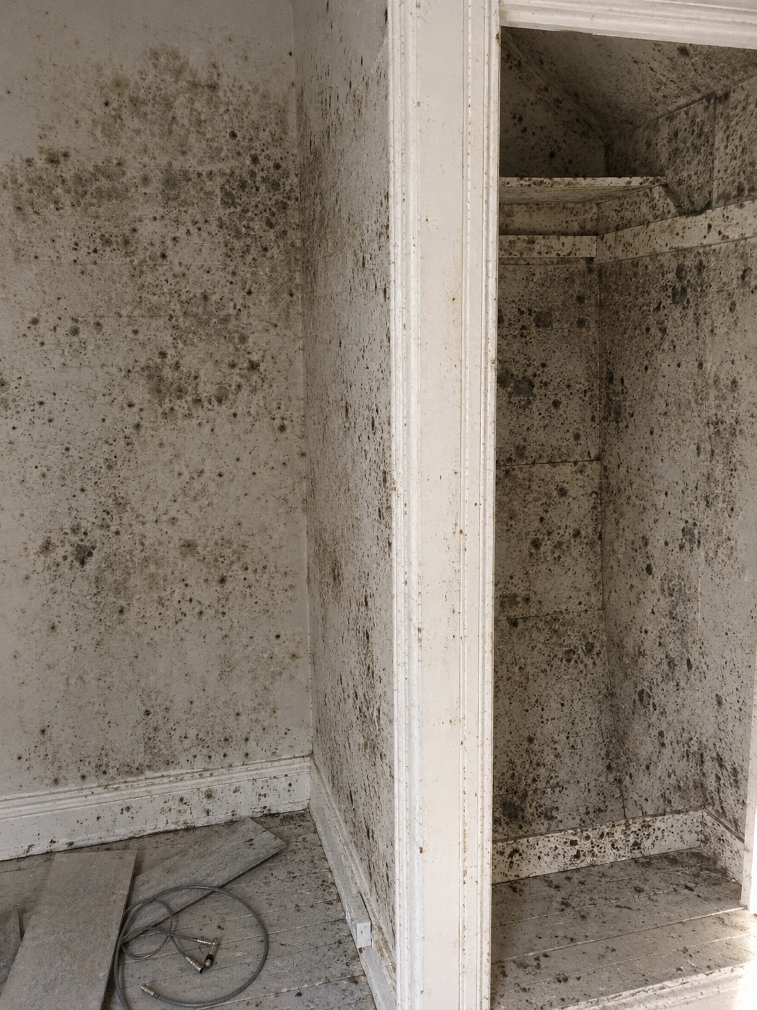 Mold-infested closet corner before remediation