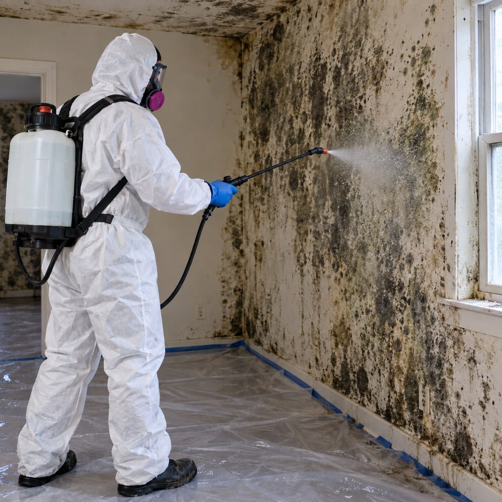 Citron Mold Removers technician in protective equipment performing mold remediation